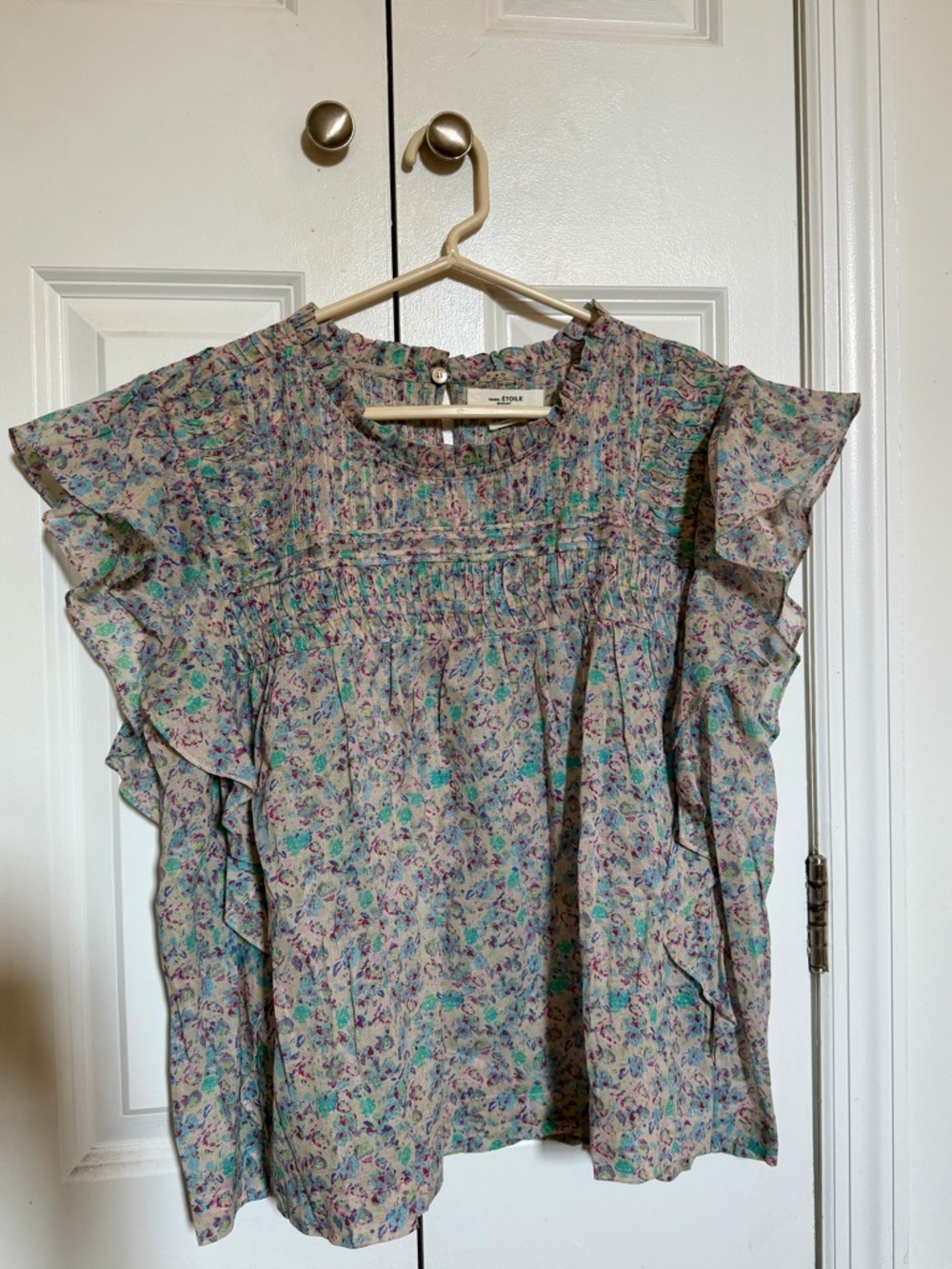 Floral Smocked Flutter-Sleeve Blouse in Pastel Floral